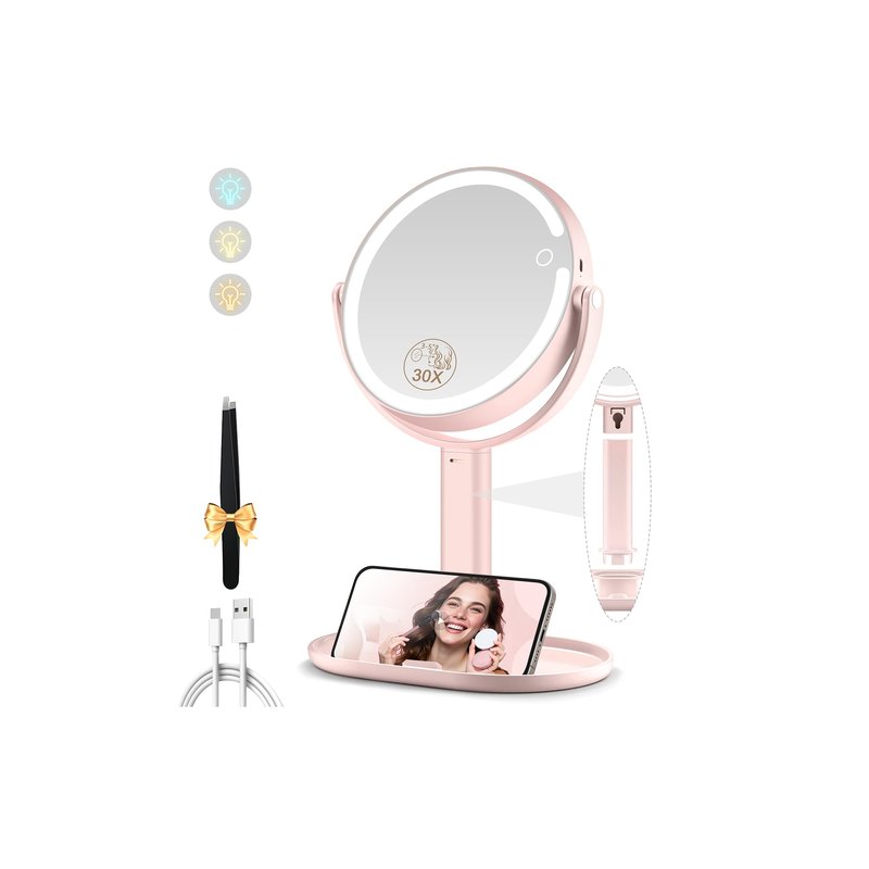 MOMOKUBA Makeup Mirror with Lights, Double Sided 1x/30x Magnifying Mirror with Light, Rechargeable 3 Color Lights and Adjustable Brightness, 360° Rotation Detachable Comes with Tweezer(Pink-30X)