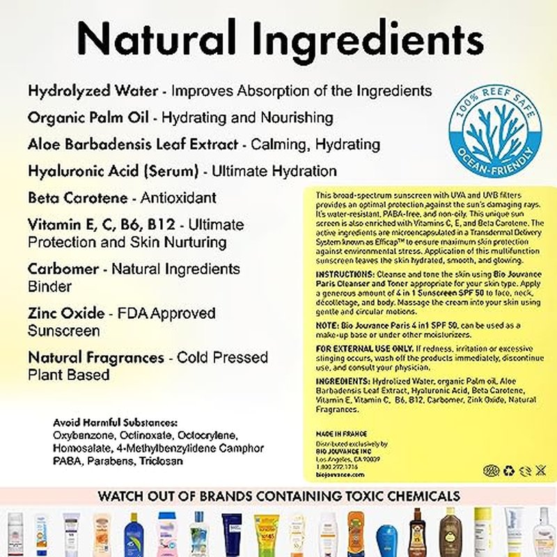 4 In 1 Sunscreen 2oz(60ml) | SPF50 Sunblock + Moisturizer + Anti-Aging + Antioxidant | Face&Body Sensitive Skin | Made in France