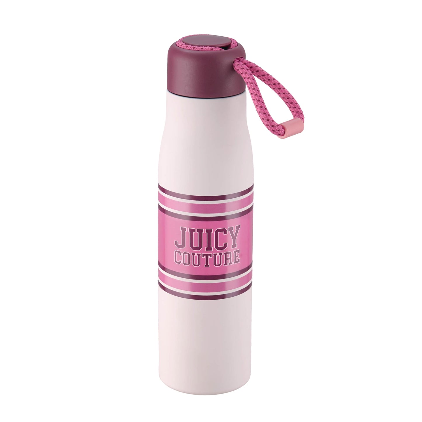 Juicy Couture Luxe Loop Varsity Logo 17oz Water Bottle with Woven Cord Handle, Pink
