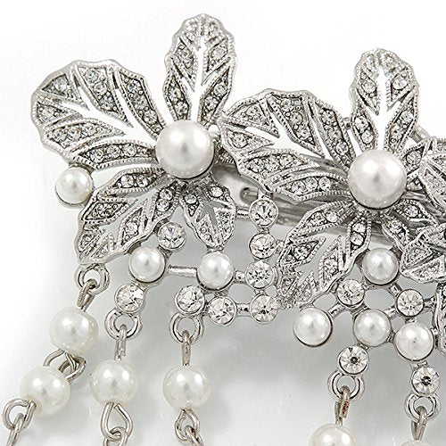 Rhodium Plated Floral Barrette Hair Clip - Clear Crystal & White Faux Pearl | 95mm