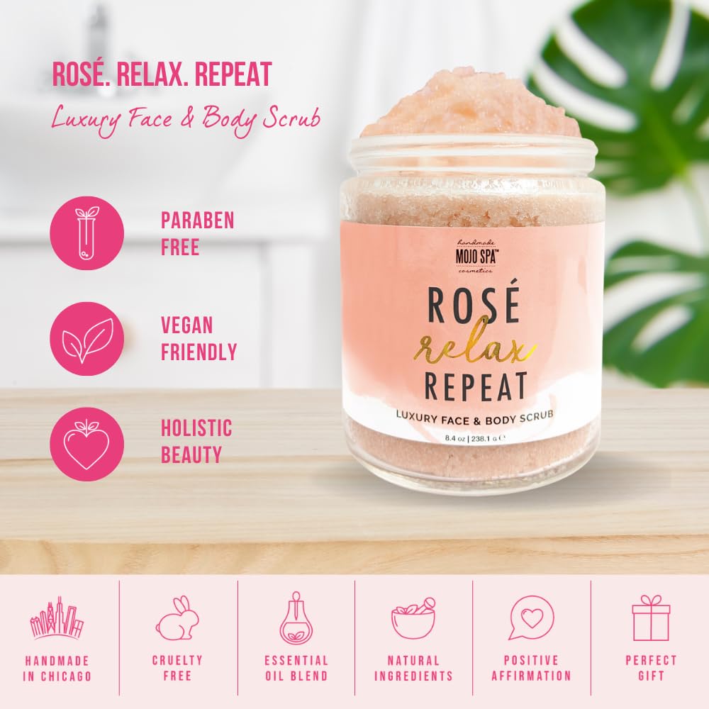 Mojo Spa Rosé Relax Repeat Luxury Face & Body Scrub | Floral, Citrus Scent | Moisturizing Himalayan Pink Sea Salt Exfoliator | 8.4 oz