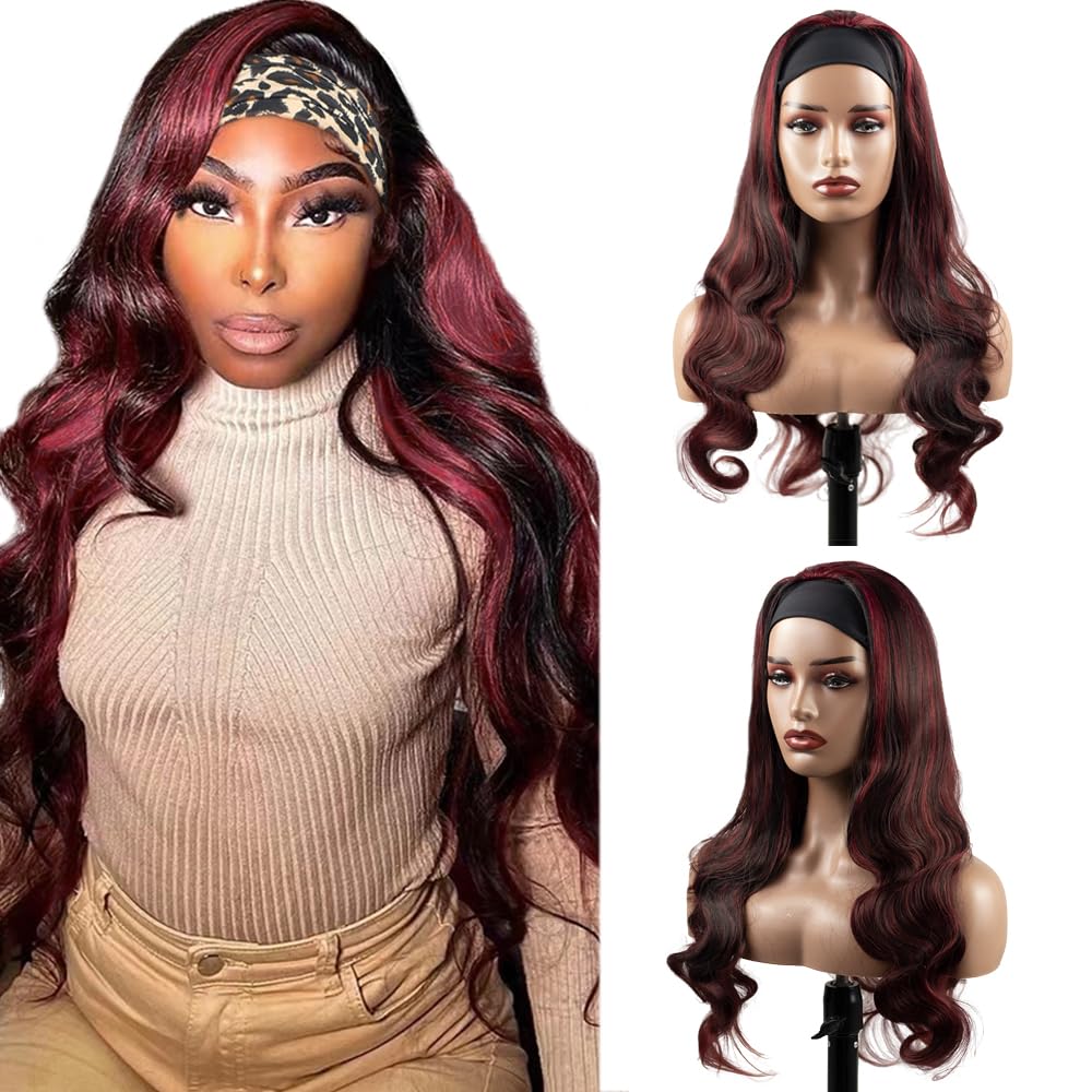 YiweYowe 22 Inch P1B99J Highlight Headband Wig Human Hair 150% Density Grade 8A Unprocessed Brazilian Virgin Hairs Machine Made Burgundy Body Wave Headband Wig Human Hair For Woman