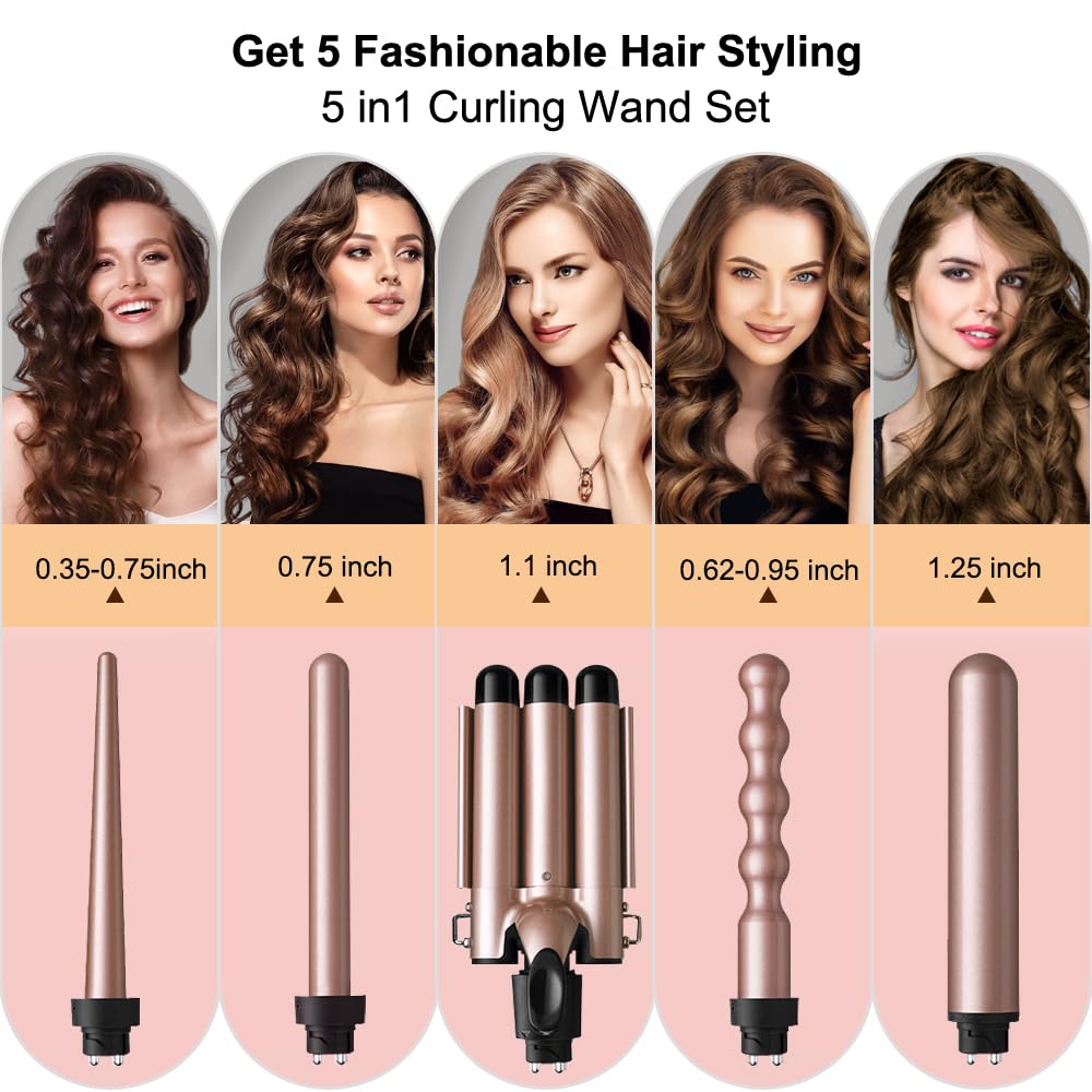 SOUKENGEN 5-in-1 Curling Wand Set with Temp Display,Perfect for Girl