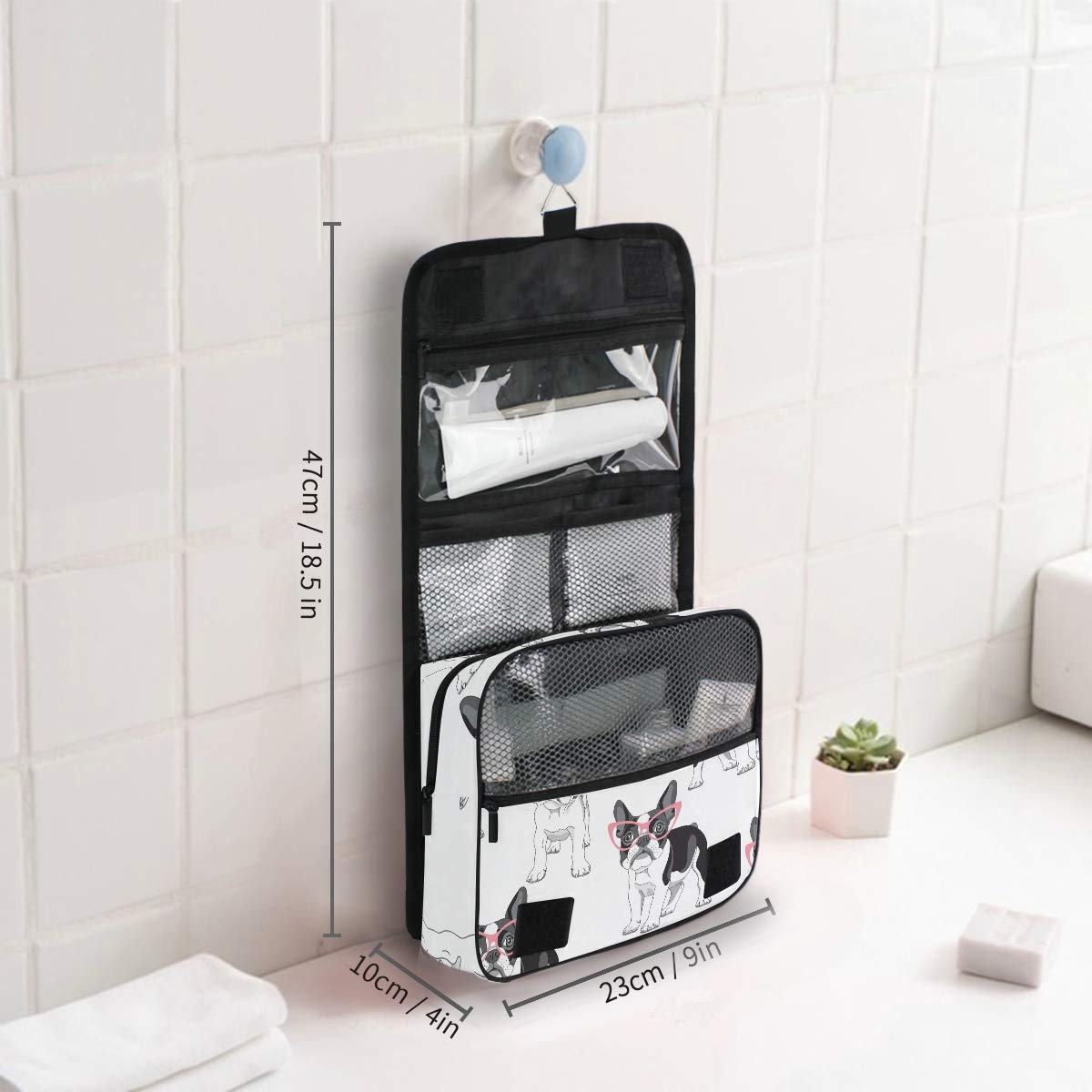 Bardic Hanging Travel Toiletry Bag Fashion French Bulldog Large Capacity Makeup Cosmetic Bag Portable Toiletry Kit Organizer