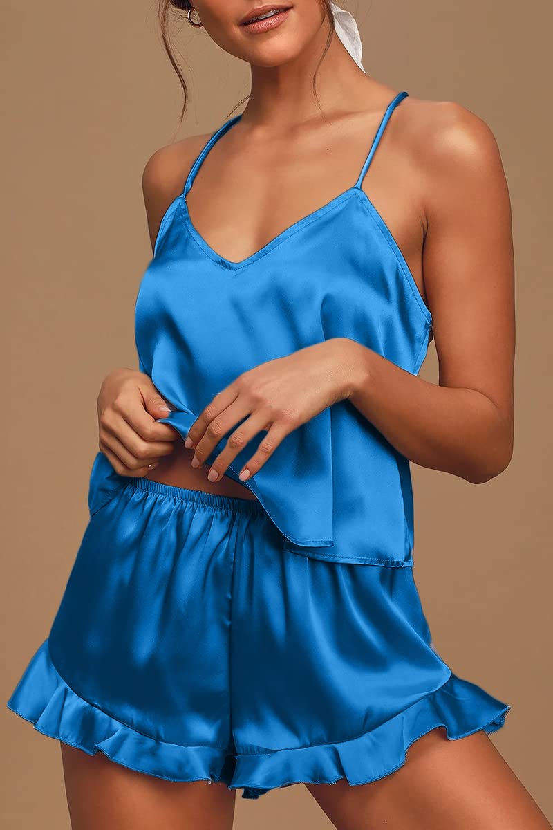 CHYRII Women's Sexy Cami Pajamas Sets Silk 2 PCS Lounge Sets with Ruffled Shorts Sleepwear Teal XS