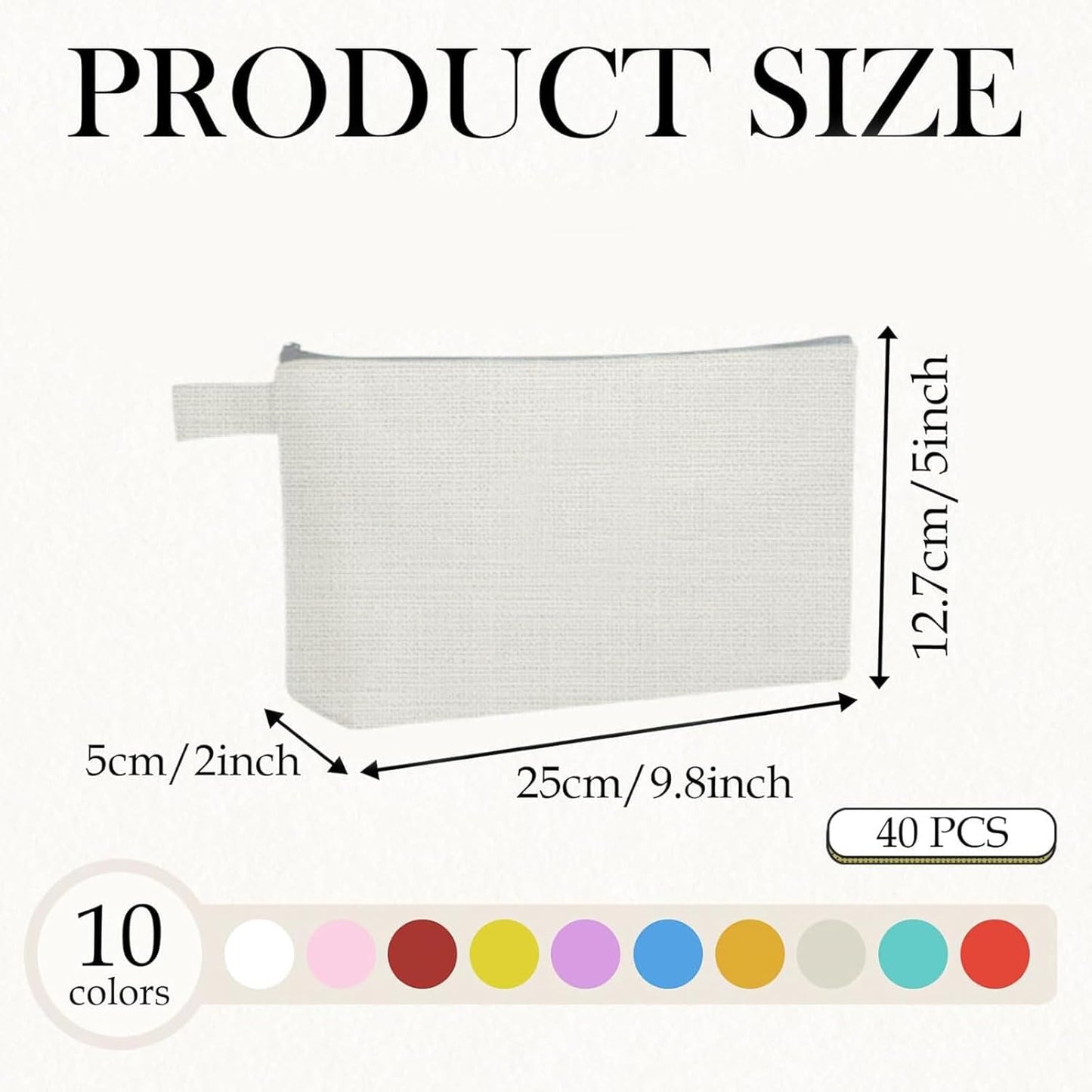 40 Pack Canvas Makeup Bags - Multi-Purpose Zippered Cosmetic Travel Bags | 10 Colors (7.5 x 5 x 1.8 Inch)