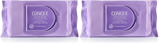 Clinique Take The Day Off Micellar Cleansing Makeup Remover Wipes For Face and Eyes For All Skin Types No Water Required Perfect- Gym or Travel, 50 Count (Pack of 2)