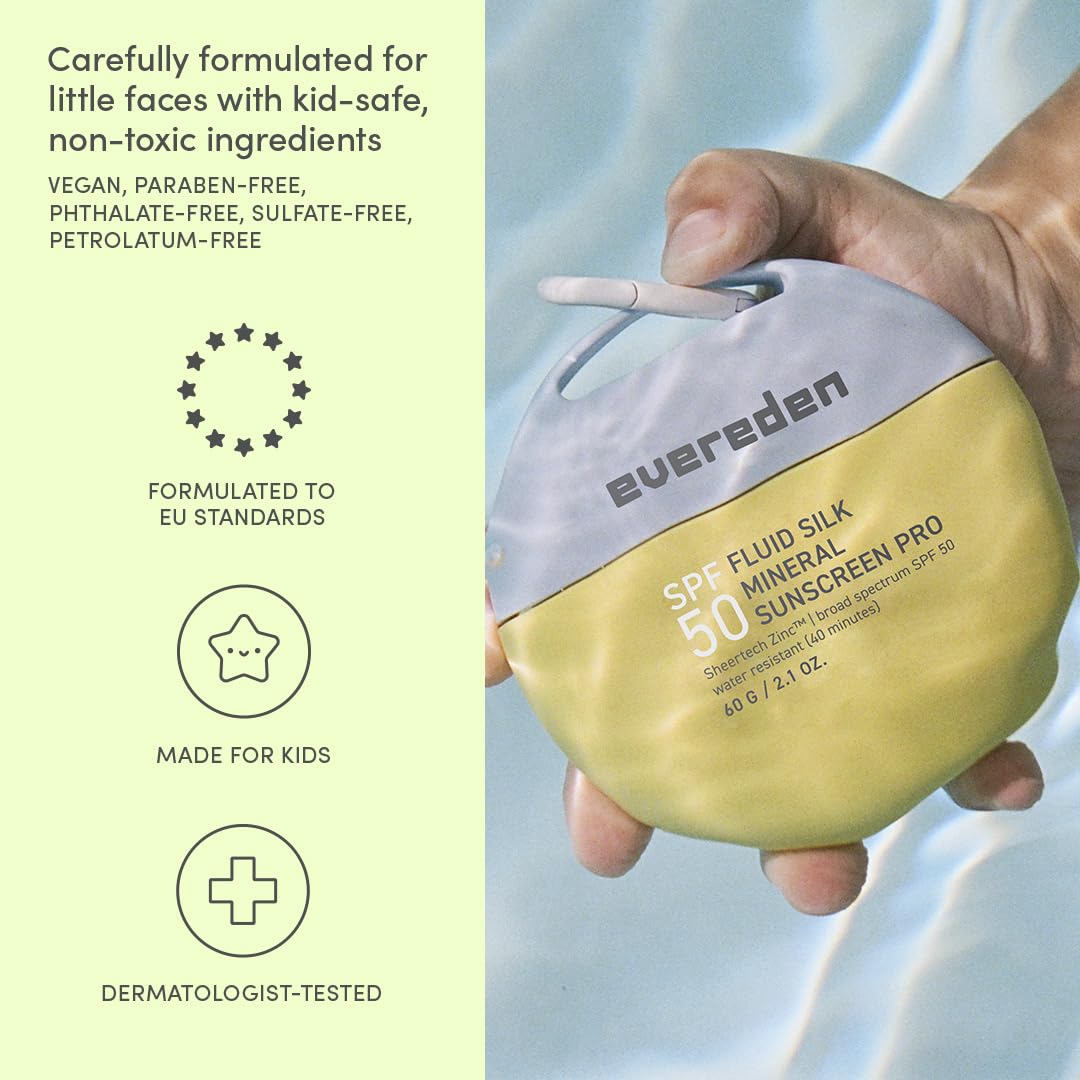 Evereden Kids Mineral Sunscreen SPF 50, Fluid Texture | Water-Resistant, Dermatologist-Tested, Sensitive Skin | Vitamin E, Argan Oil, Zinc Oxide, UVA/UVB Protection | Fragrance-Free Beach Sunscreen