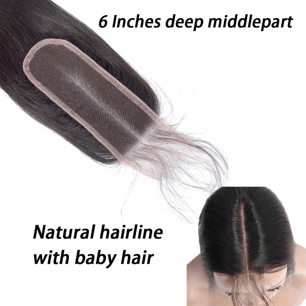 Brazilian 2x6 Lace Closure HD Human Hair 2x6 Straight 18 Inches Lace Closure Middle part 100% Human Hair Closure With Baby Hair (18 Inch, 2x6 Closure)