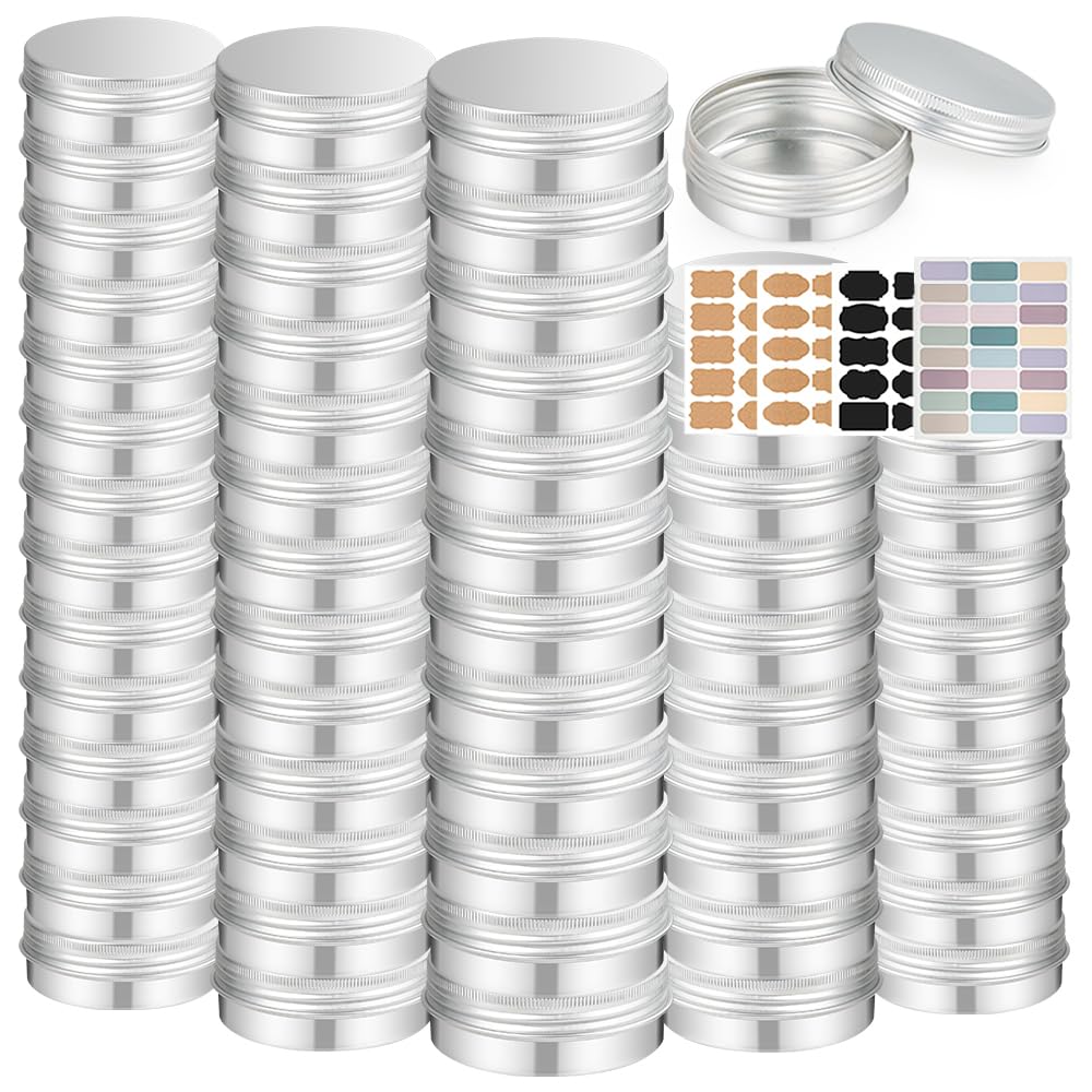 YQ 60 Pack 2oz Tins with Lids, Refillable Salve Tins, Thick 2 oz Tin with Labels, Screw Lid 2oz Tin, Aluminum Round Salve Containers for Lotions, Balms, Salve (Silver)