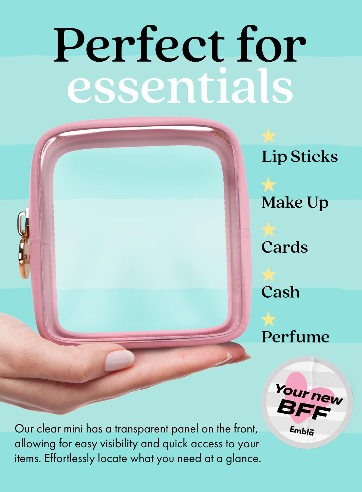 Clear Makeup Bag Zipper Pouch, Transparent Cosmetic Case Organizer, TSA Approved Travel Toiletry Case, Travel Accessories Essentials Makeup Tote for Women, Mini Cute Make up Bag for Purse - Black