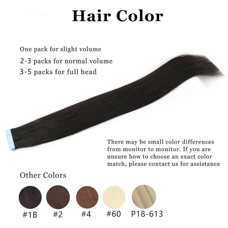 VADES Tape In Hair Extensions - Remy Human Hair, Natural Black, 20 Inch, Invisible Seamless Skin Weft, 50 Grams, 20 Pieces