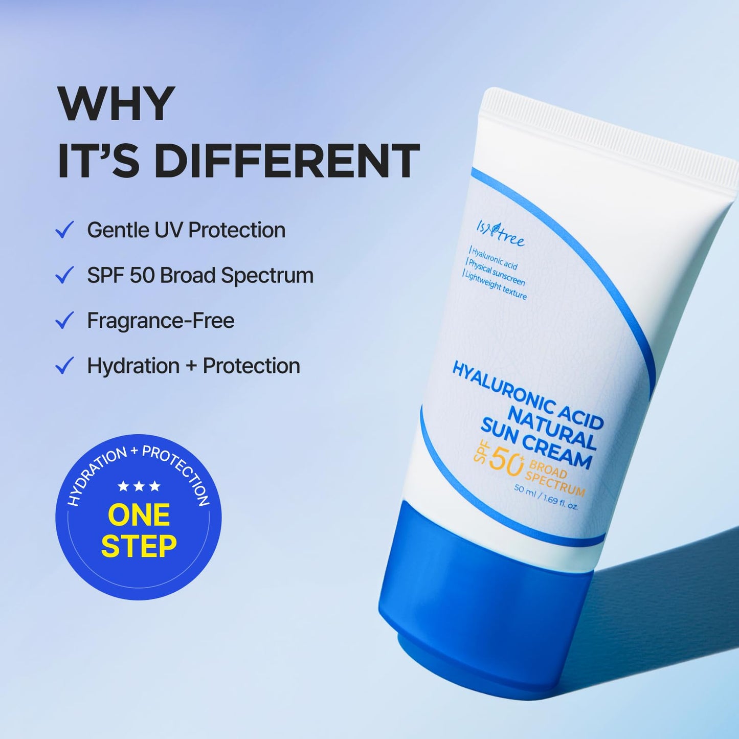 ISNTREE Hyaluronic Acid Natural Suncream SPF 50, Mineral Sunscreen, Gentle Tone-Up Effect, Hydrating Daily Sun Cream, Sensitive Skin Friendly, Korean Skincare, 50ml