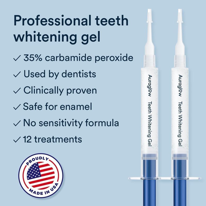 Auraglow LED Teeth Whitening Kit - At-Home Tooth Whitening System with 35% Carbamide Peroxide Gel | 12 Treatments, Enamel-Safe for Coffee & Tea Stains