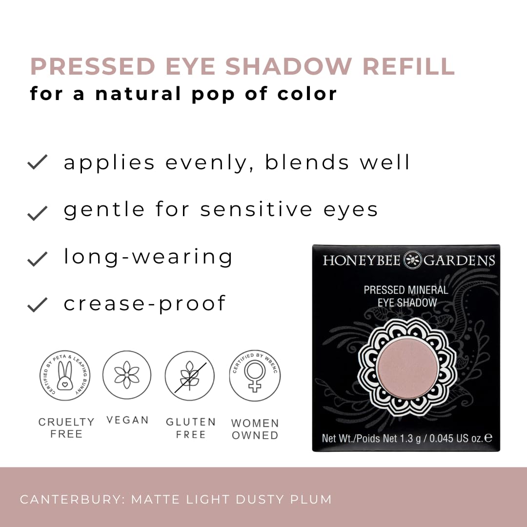 Honeybee Gardens Pressed Powder Eye Shadow Single Refill, Canterbury, Matte Light Dusty Plum, Long-Wearing Crease-Resistant Mineral Color with Botanicals, No Case or Applicator