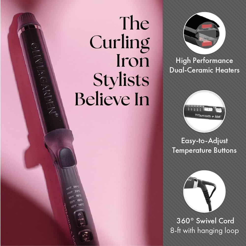 Olivia Garden Titanium + Ion Professional Curling Iron for All Hair Types - Includes Heat Resistant Heat Mat/Pouch and 1 Detangling Brush - 5 Heat Settings - 1.25” Long Barrel Diameter