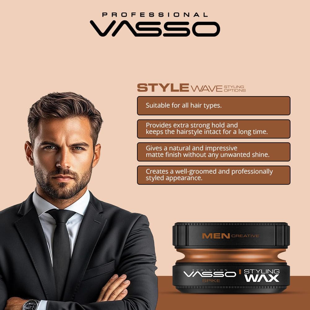 Vasso Clay Spike Hair Styling Wax for Men, Ultra Matte Strong Hold Clay Wax, Water Based Texturizing Hair Clay for All Hair Types, Long Lasting Barber Style Finish, 5.07 fl oz (150 ml)