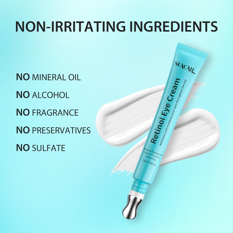 Seacall Retinol Eye Cream, Anti Aging Under Eye Cream with Caffeine, Vitamin C & Hyaluronic Acid, Cool Massage Head Eye Serum Fades Dark Circles Puffiness Wrinkles, 15ml Portable Eye Cream for Women