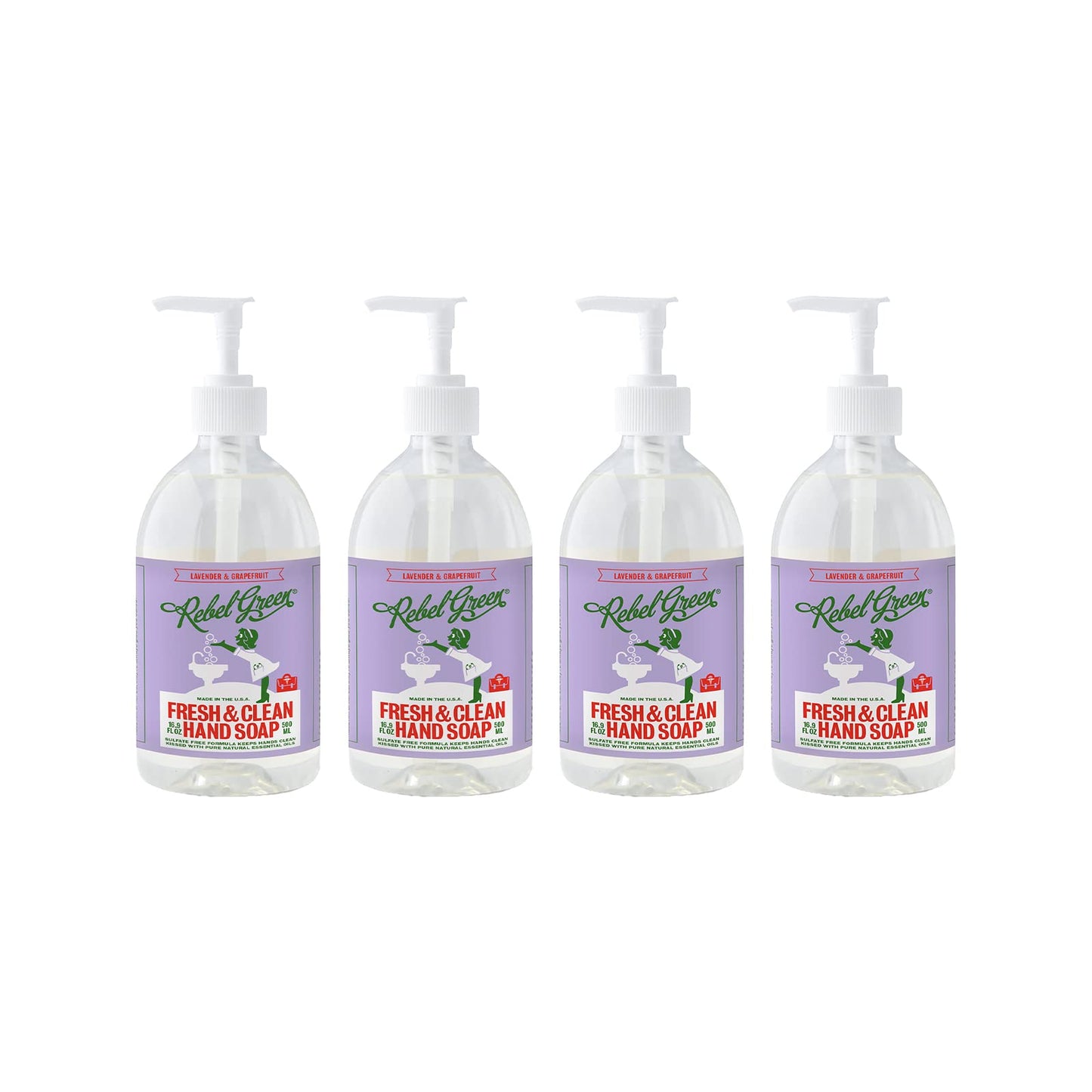 Rebel Green Liquid Hand Soap - Moisturizing Natural Bathroom & Kitchen Liquid Soap - Gentle Household Hand Wash (Lavender & Grapefruit, 16.90 Fl Oz (Pack of 4))