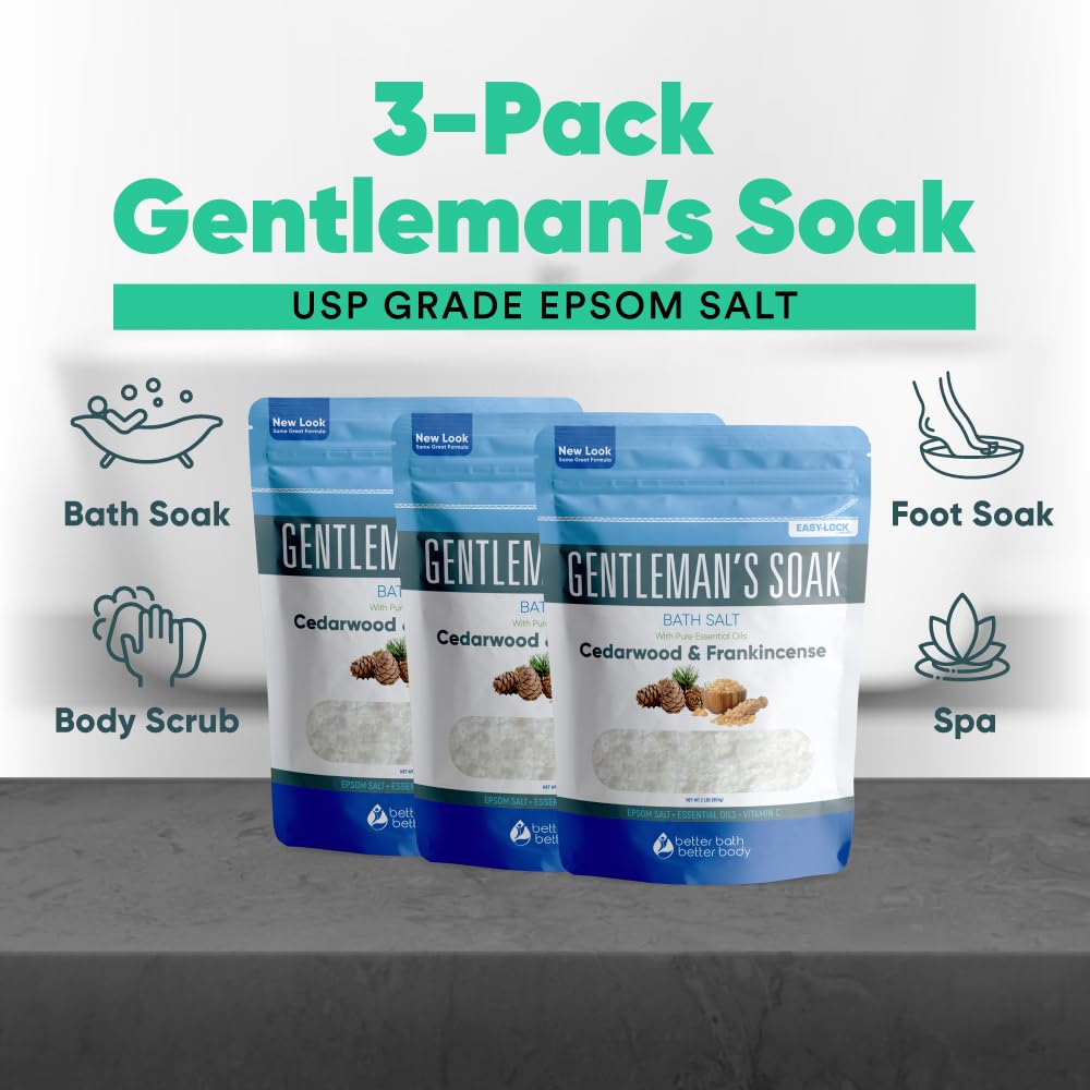 Gentleman's Bath Salt (3-Pack Plus Scoop) Bath for Men with Pure Essential Oils in BPA Free Pouch with Press-Lock Seal Made in USA 3-Pack of 2-lbs, 6-lbs Total