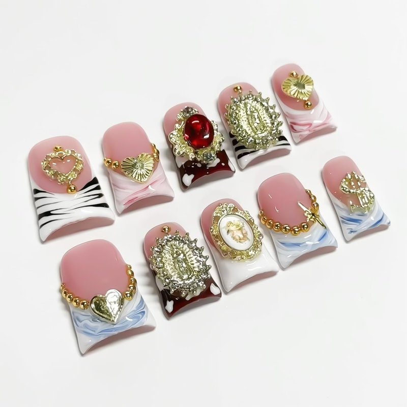10 Pcs Duck Press on Nails Medium Fake Nails Sea Waves Pink French Tip Handmade False Nails with Glue, with 3D Golden Heart Design Artificial Acrylic Stick on Nails for Women（M）