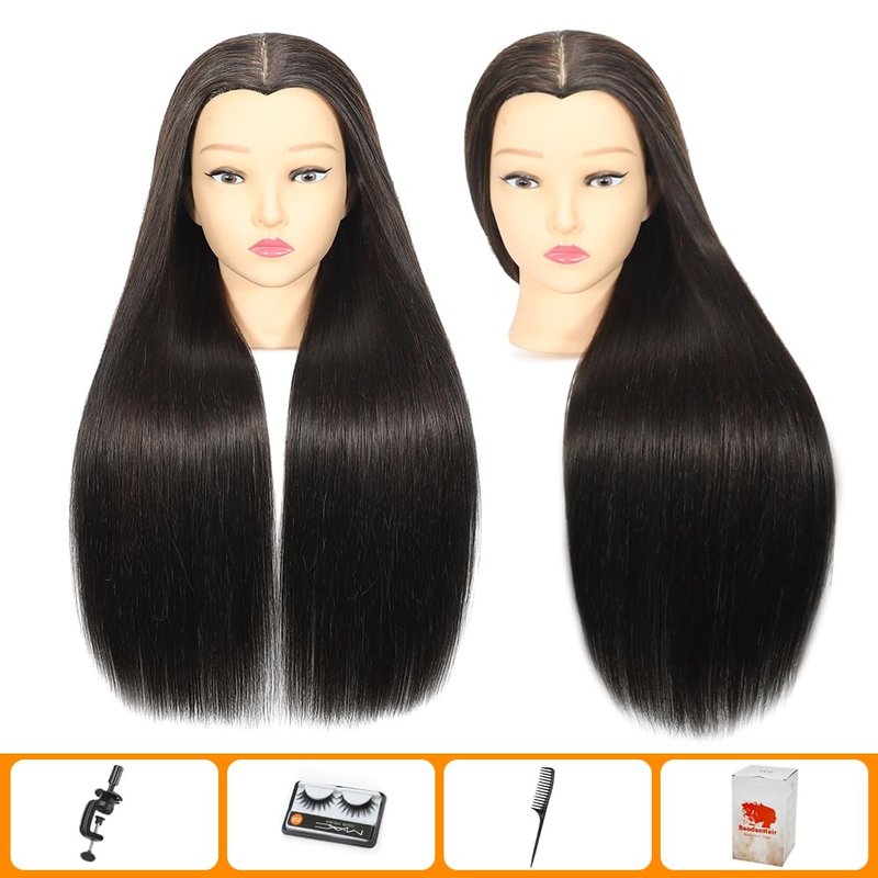 Mannequin Head with Hair 28“ Cosmetology Manikin Doll Head Mannequin Head for Braiding Hairstylists Cosmetology Students Practice Styling with Free Clamp (black)