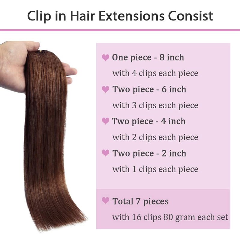 80g Hair Extensions Clip in Human Hair Darker Brown Human Hair Extensions Clip in Real Hair Straight Thick Weft 22 Inch 7pcs
