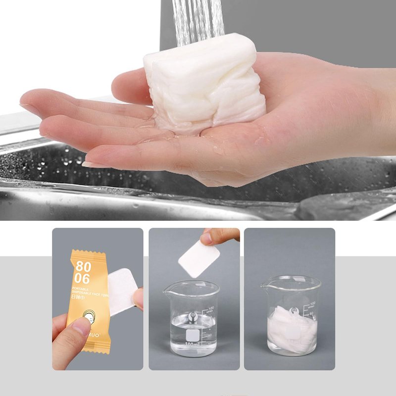 100 Pcs Compressed Disposable Face Towel Tablets, HOMIOVE Cotton Compress Compact Towel Tablets Expandable Disposable Washcloths, Reusable Magic Towels Expands in Water Wash Cloths Wipes for Travel