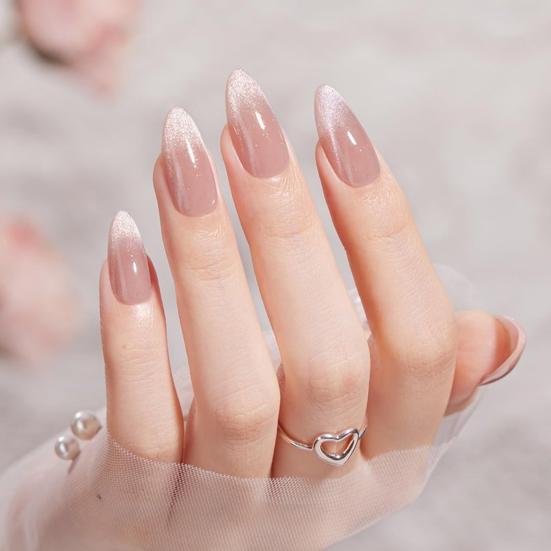Press On Nails Almond Medium - Cat Eye French Tip Nude Pink Sparkly | 32 Pcs, Reusable, Semi-Transparent for Spring Weddings