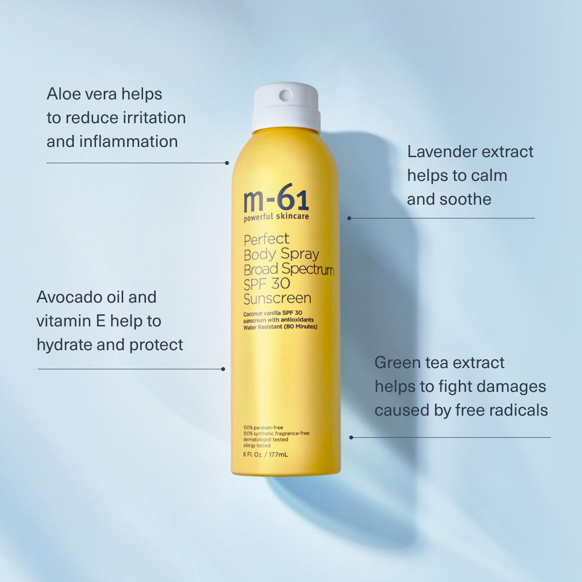 m-61 Sunscreen Spray SPF 30 - Lightweight Clear Mist, No White Cast | Continuous Non-Aerosol Spray | Water Resistant (80 Minutes) | Formulated With Vitamin E & Aloe | Made in USA - 6 Fl Oz