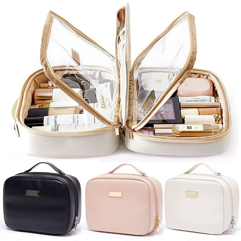 OLBUPS Portable Large Capacity Cosmetic Bag, Skincare Products, Makeup Brush Storage Bag, Double Layer Makeup Bag (White)