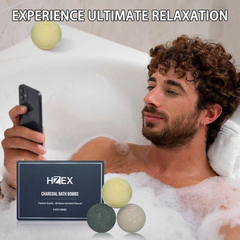 HZEX Charcoal Activated Bath Bombs for Men – Detox with Handmade Organic 6 Pack Bath Bomb Set, up to 3 Scents (Sandalwood, Bergamot, Ocean), Individually Wrapped (Mixed)
