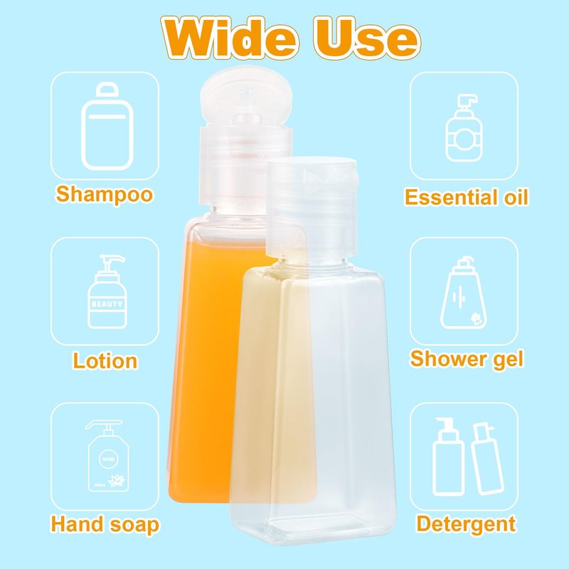 100PCS Travel Size Bottles 1oz Plastic Mini Bottles 30 ml Empty Clear Small Trapezoidal Portable Travel Bottle, Refillable Cosmetic Containers with Flip Cap for Liquid, Lotions, Toner, Body Soap