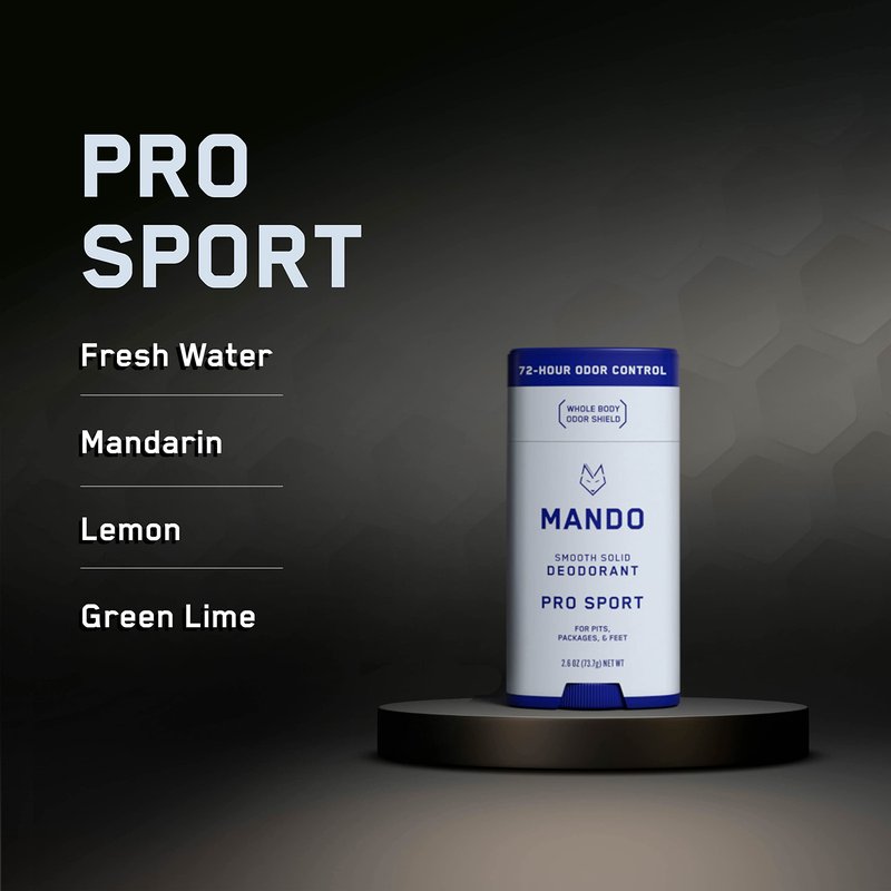 Mando Smooth Solid Stick (2.6 Ounce) + Acidified Body Wash (8.5 Ounce) - Clinically Proven to Block Odor All Day - Whole Body Safe For Pits, Packages + Feet (Pro Sport)