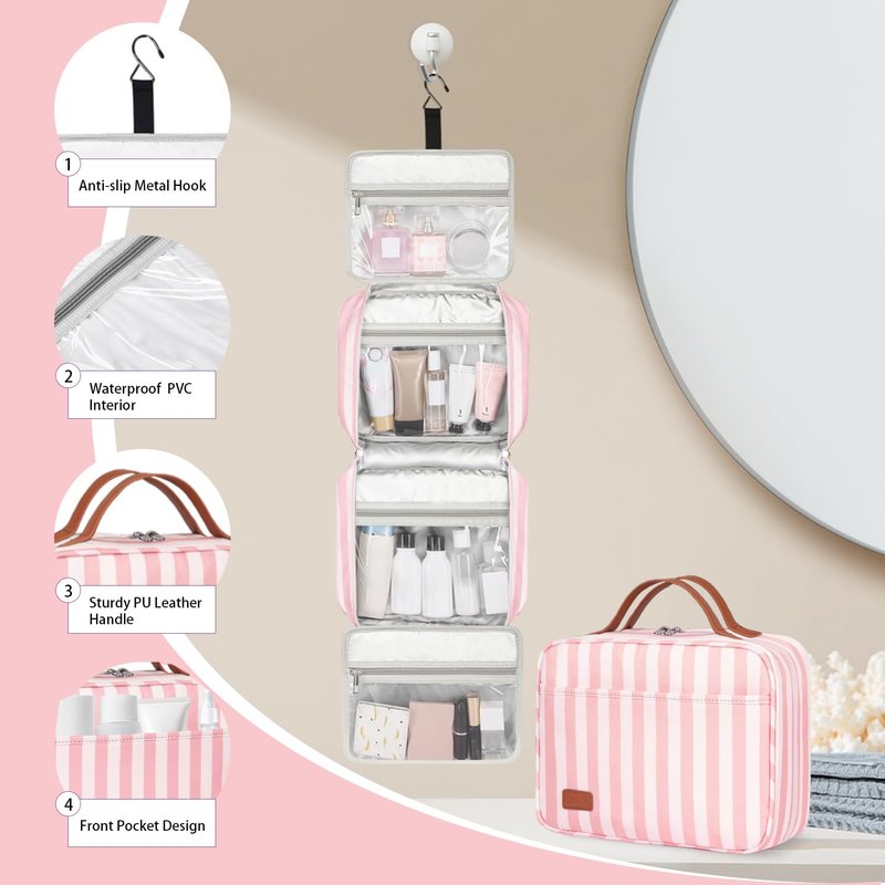Bosidu Hanging Travel Toiletry Bag for Women, Portable Toiletry Bag for Travel Size Essentials, Water-resistant Large Travel Makeup Bag with Hook for Toiletries, Cosmetics, Travel Accessories