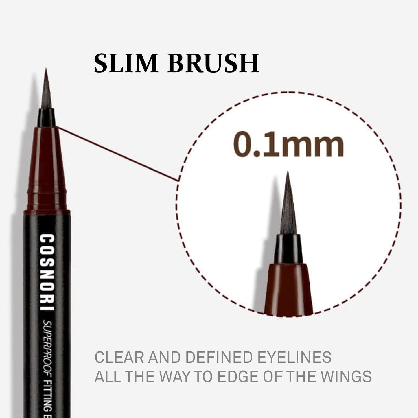 COSNORI Superproof Brush Eyeliner 02 Black Brown - 24h Pen Eyeliner – Super Slim Lasting Liquid Eye Liner - Smudge, Budge Resistant Wear – Allergen Free - 0.02 fl.oz.