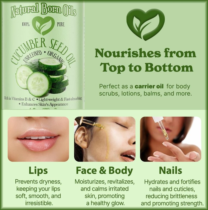 Natural Born Oils Cucumber Seed Oil, 16oz, Organic, Cold-Pressed, Nutrient-Rich, Deep Skin Care, Hair Revitalization