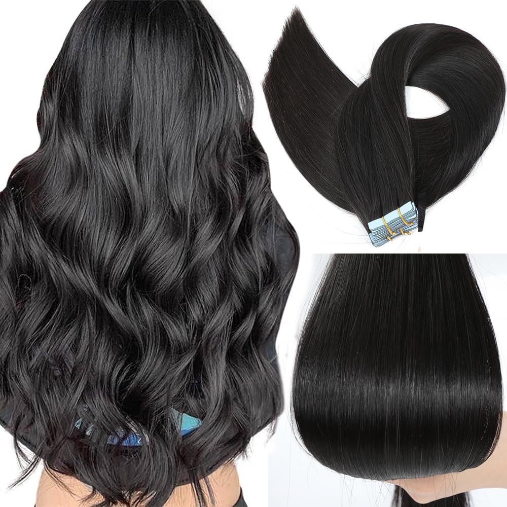 Human Hair Tape In Hair Extensions Natural Black Color Seamless Invisible PU Skin Weft Tape in 100% Real Human Hair Silky Straight Hair Extensions Soft Thick End (20 Inch, #1B Natural Black)