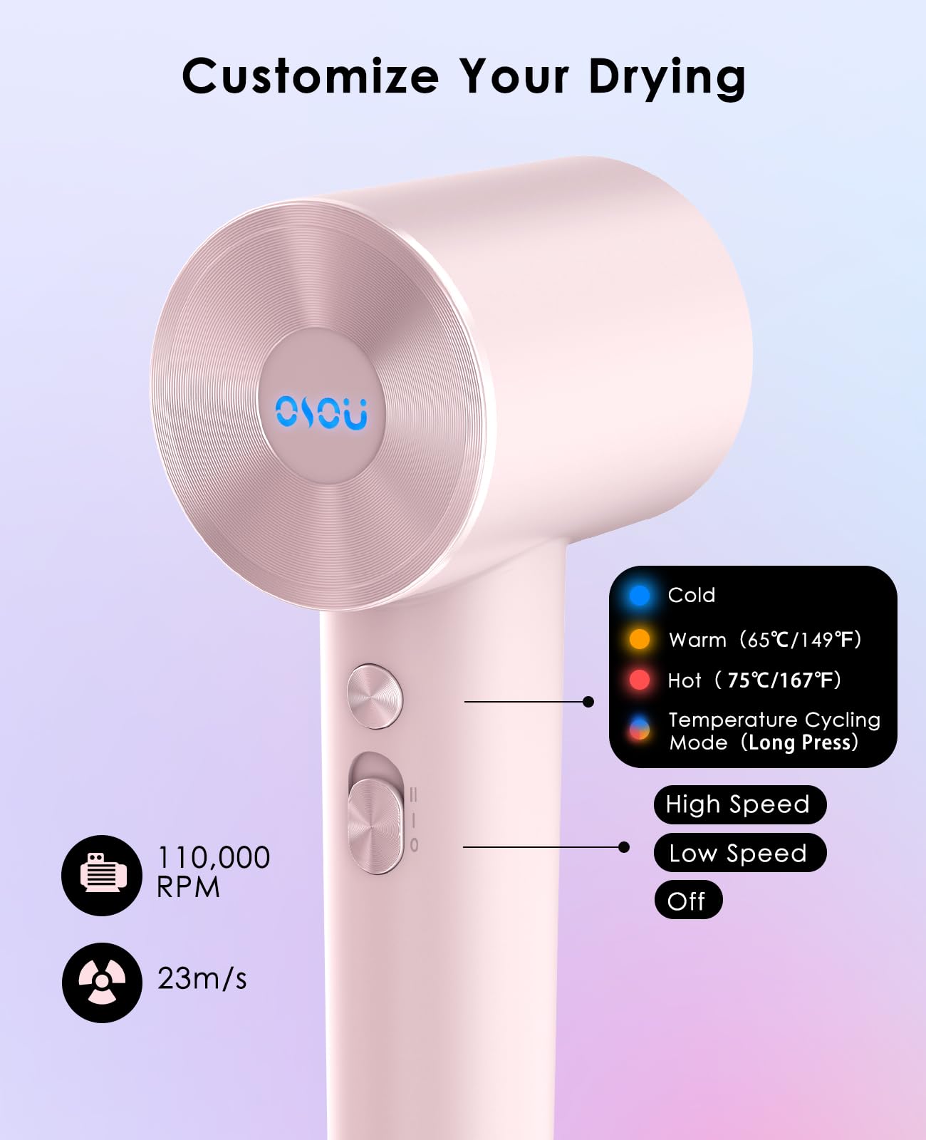 OSOU Hair Dryer, Negative Ionic Hair Dryers, High-Speed Blow Dryer with 110, 000 RPM Brushless Motor, Fast Drying Lightweight Travel Hairdryer, Low Noise Home Hair Dryer with Smooth Nozzle