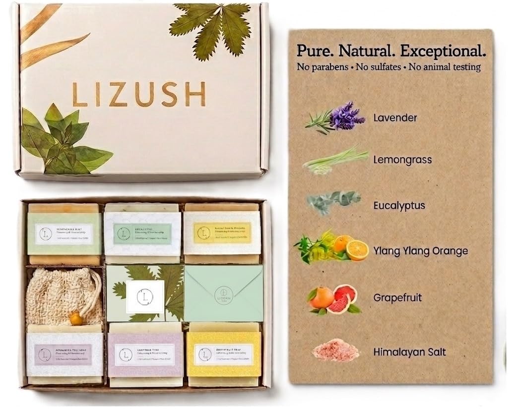 Lizush 6 Piece Soap Gift Set - Handmade in the USA Spa Gifts for Women, Luxurious Soap Bar Gift Set - Skin Care Set with Lemongrass, Grapefruit, Eucalyptus, Ylang Ylang, Lavender & Himalayan Salt