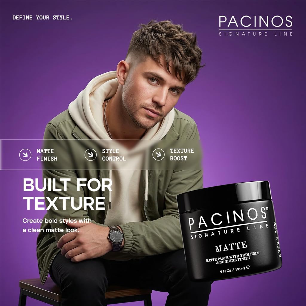 Pacinos Matte Hair Paste - Firm Hold, No Shine, Sculpting & Styling Wax, Long Lasting Definition & Texture, No Flakes, All Hair Types, 4 fl. oz.