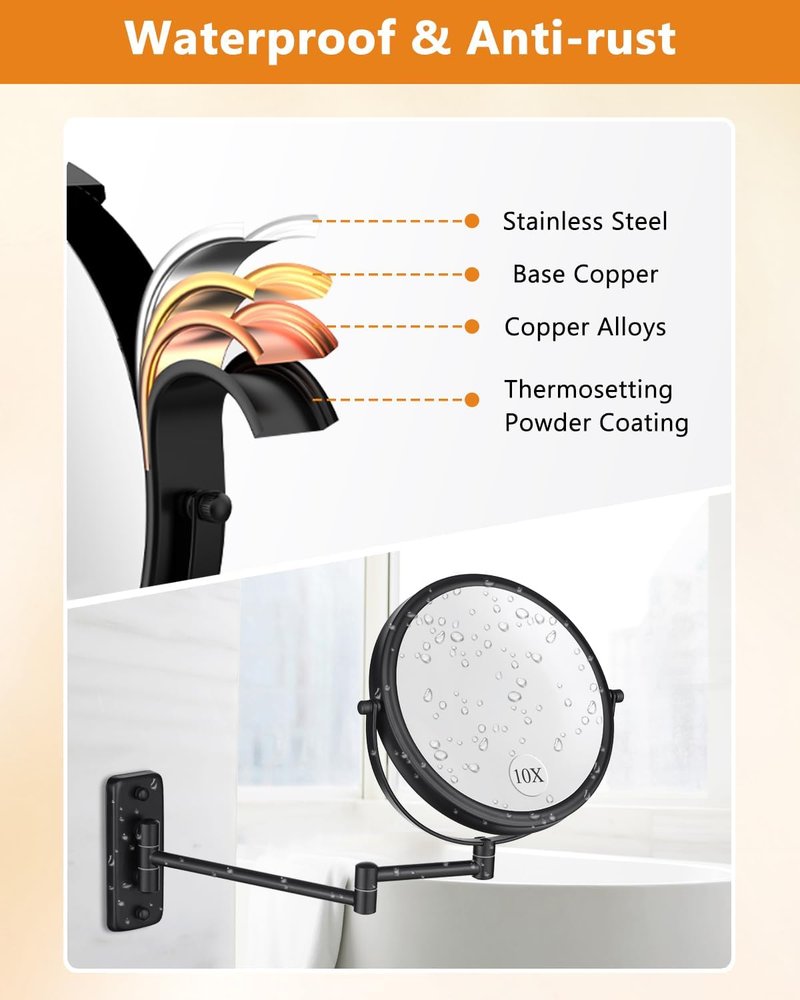 Wall Mounted Makeup Mirror - 8 Inch Double-Sided 1X/10X Magnification | 360° Swivel Extendable for Bathroom, Black