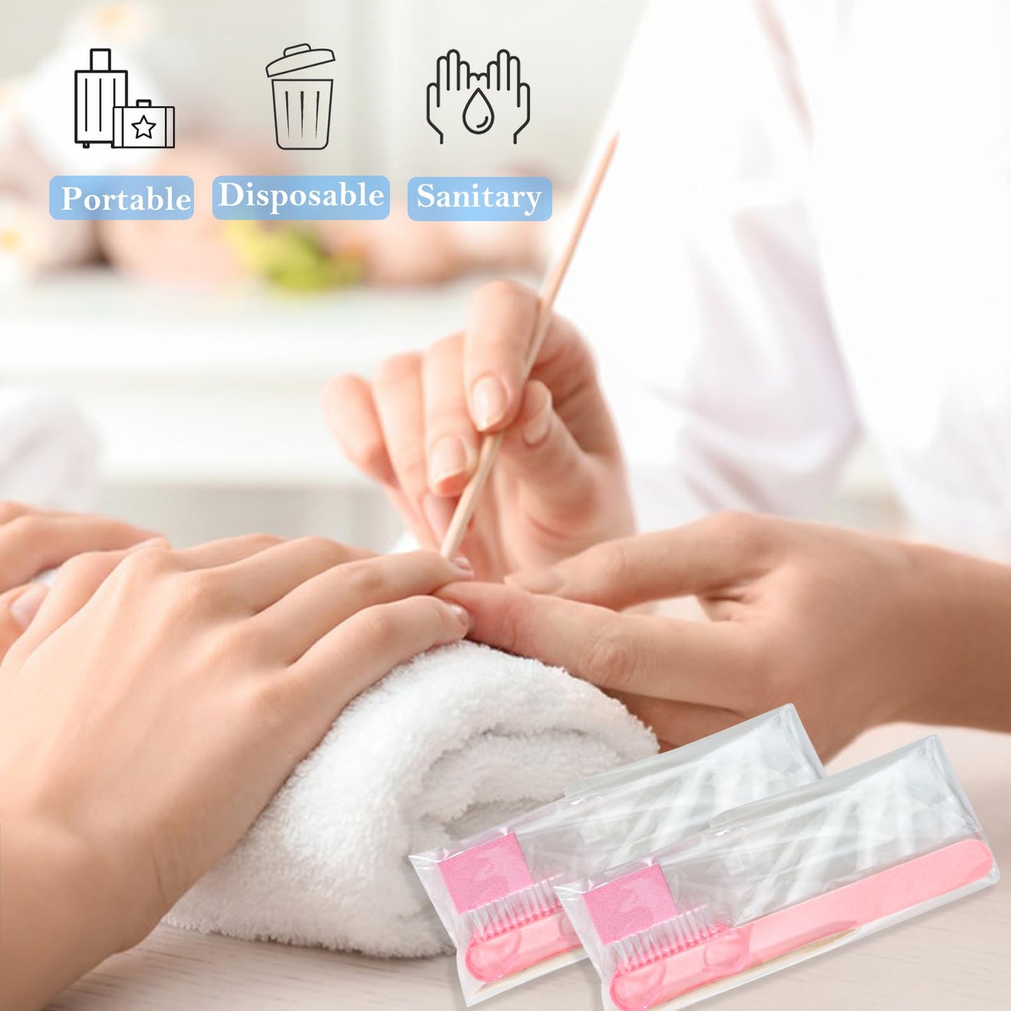 Disposable Manicure Packaging Kit Press On Nail Tool Kit (Pink, 100 Set)