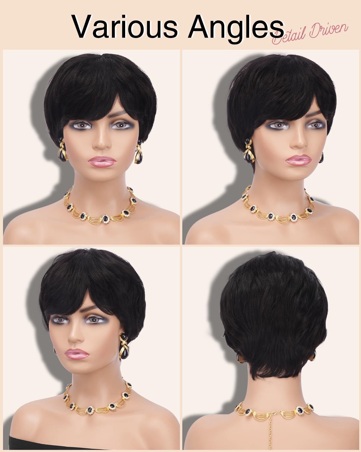 Pixie Cut Wig - Human Hair Short Wig with Bangs for Black Women | Natural Black Glueless Layered Style
