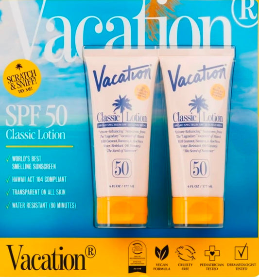 Vacation Classic Lotion Broad Spectrum SPF 50, Dermatologist Tested, Light Weight, Transparent on all skin tones, Pack of 2 each contain 6 FL OZ Plus Vacation Brand Air Freshener
