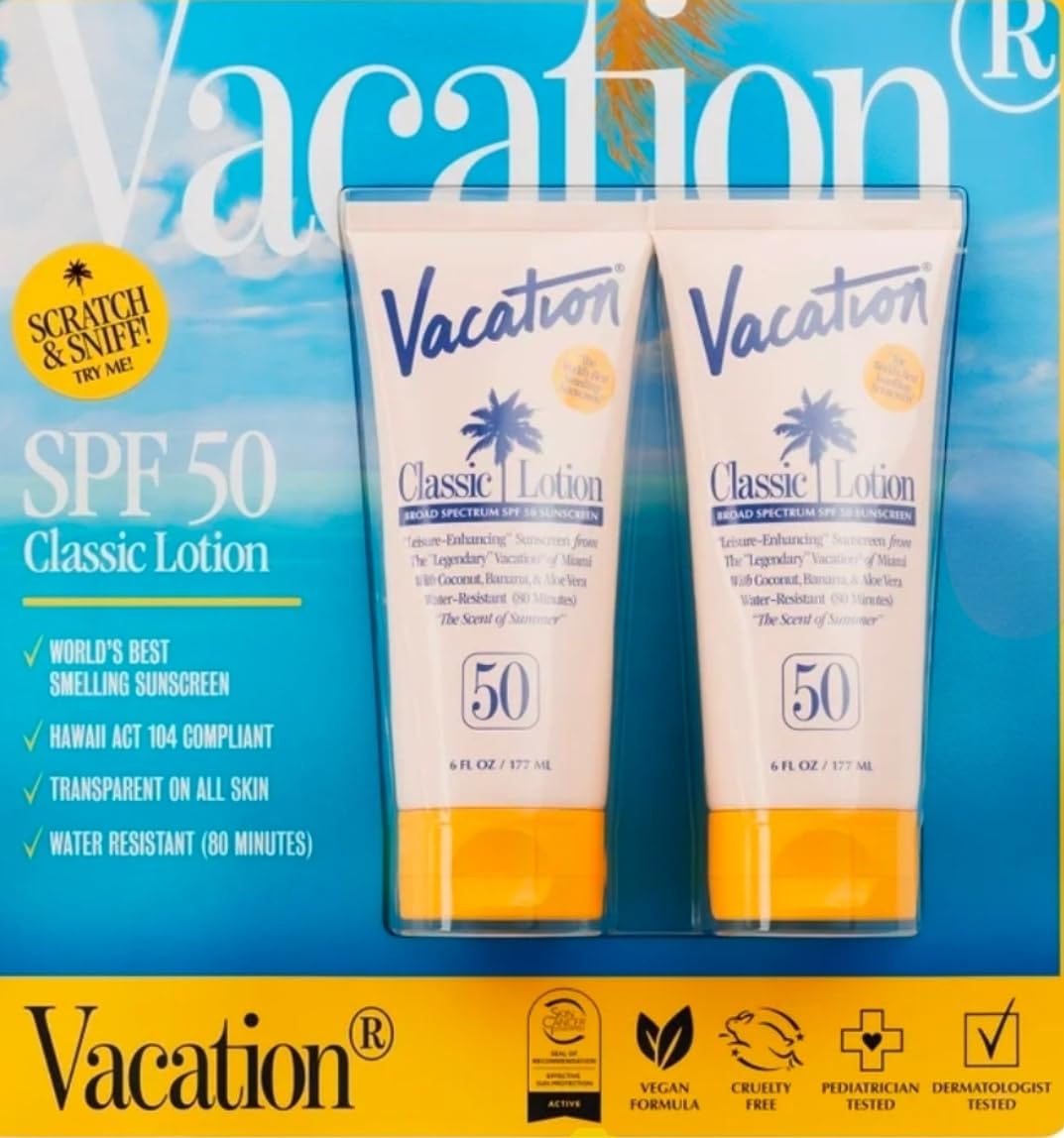 Vacation Classic Lotion Broad Spectrum SPF 50, Dermatologist Tested, Light Weight, Transparent on all skin tones, Pack of 2 each contain 6 FL OZ Plus Vacation Brand Air Freshener