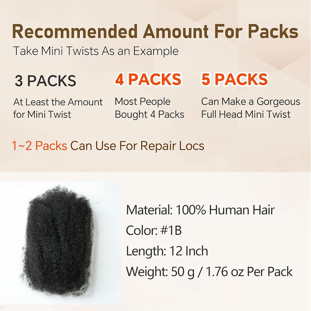 Ssawhair Afro Kinkys Bulk Human Hair For Dreadlock Extensions Repair Locs Mini Twist Braiding Hair Afro Kinky Curly Human Hair For Locs Extensions 12 Inch 50g