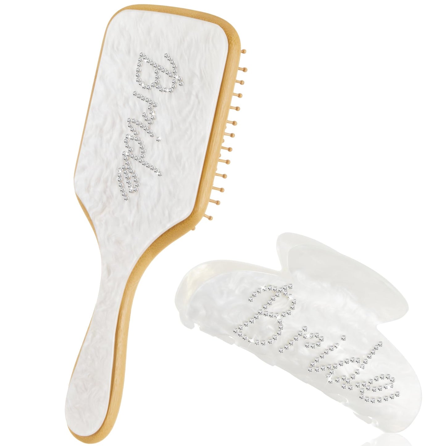 Vicenpal 2 Pcs Bride to Be Gift Set White Wooden Paddle Brush & Bridal Hair Claw Clip with Sparkling Rhinestone Bride Details Bridal Shower Gift for Bachelorette Party Wedding Accessories