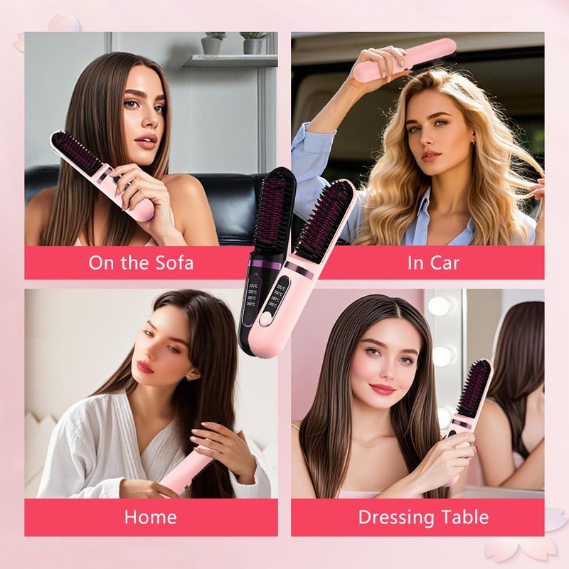 Cordless Hair Straightener Brush, Portable Straightening Brush for Women, Mini Negative Ion Hot Comb for Travel, 30Mins Auto-Off, USB Rechargeable, Fast Heating 4 Temperature Settings(Pink)