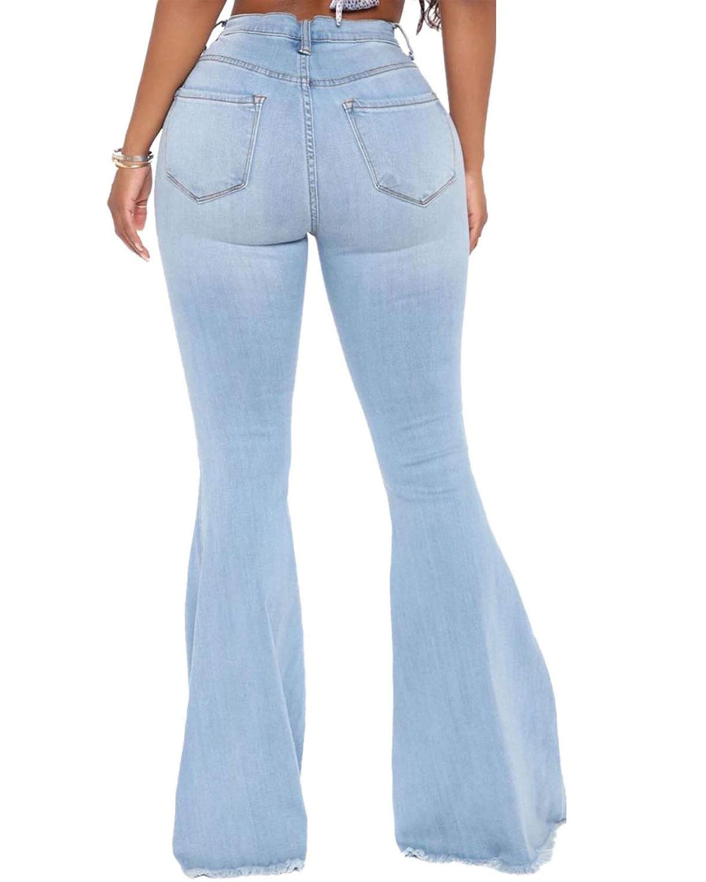 BISUAL Women Destoryed Flare Jeans Elastic Waist Ripped Bell Bottom Raw Hem Stretch Denim Pants (Light Blue, Medium)